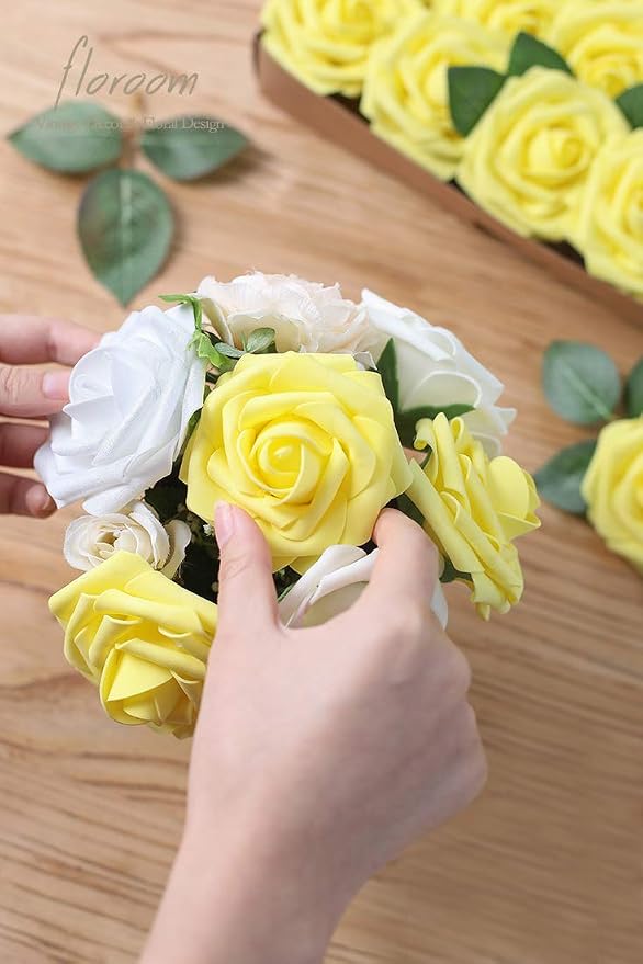 Floroom Artificial Flowers 50pcs Real Looking Canary Yellow Foam Fake Roses - Image 4