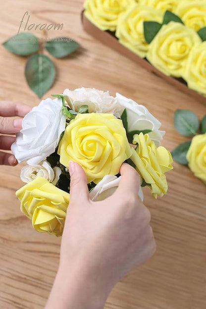 Floroom Artificial Flowers 50pcs Real Looking Canary Yellow Foam Fake Roses - Image 4