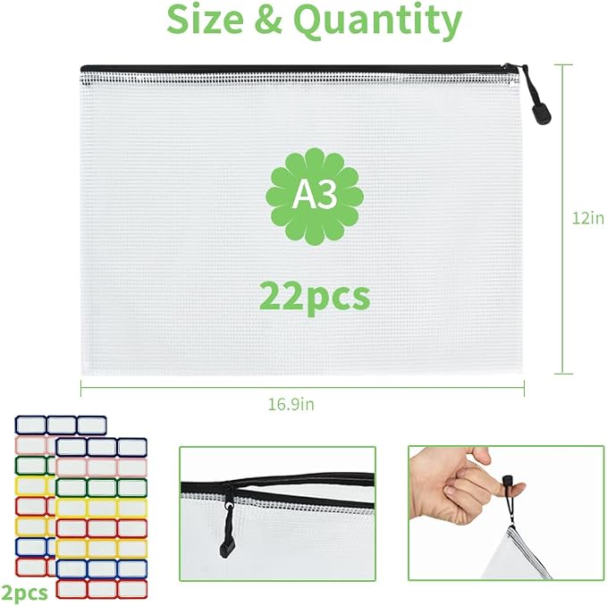 Vuzvuv 22Pcs A3 Size-16.9"x 12" Large Mesh Zipper Pouch - Image 2