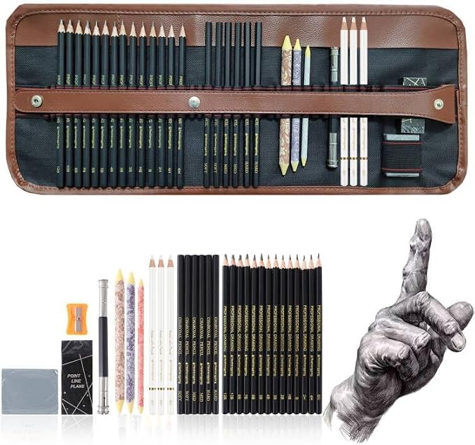 31 Drawing Sketching Pencils Kit, Portable Artist Supples Travel Case Set has by Heshengping