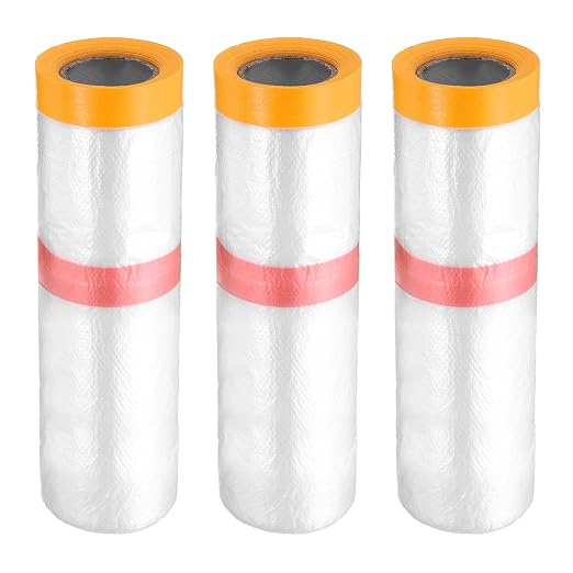 HARFINGTON 3 Rolls Pre-Taped Masking Film 106.3" x32.8ft Double Adhesive Tape by HARFINGTON