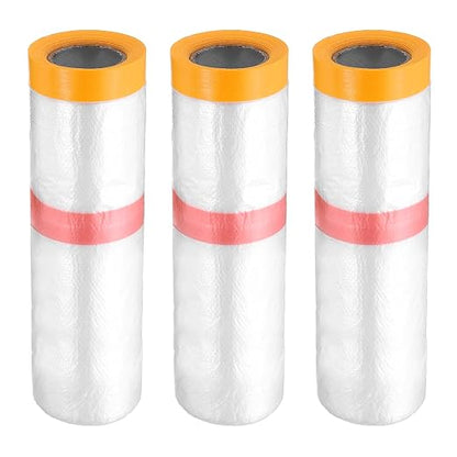 HARFINGTON 3 Rolls Pre-Taped Masking Film 106.3" x32.8ft Double Adhesive Tape by HARFINGTON