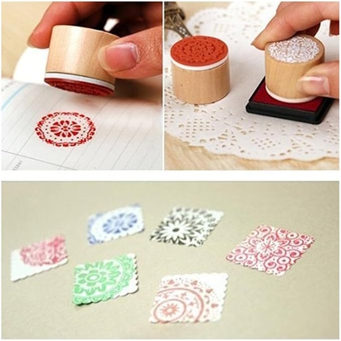 DECORA 6 Pieces Floral Pattern Round Wooden Rubber Stamp - Image 3
