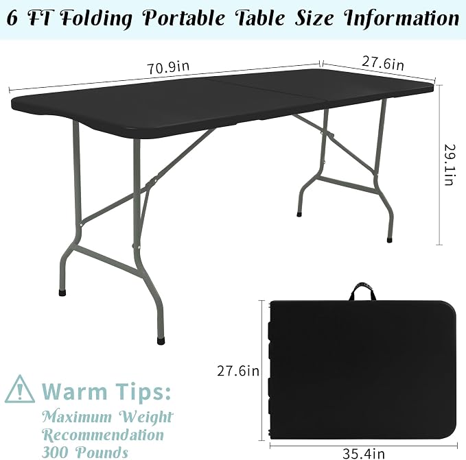 2 Pack 6 FT Folding Tables Black Foldable Table, Fold-in-Half - Image 2