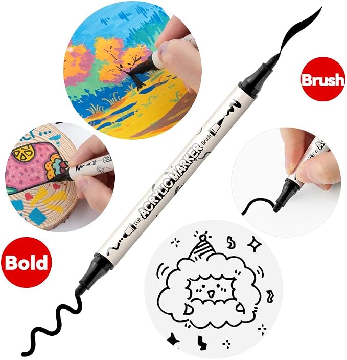 TRANSON 6 Black and 2 White Paint Markers Bold and Brush Dual-tip Acrylic Paint - Image 3