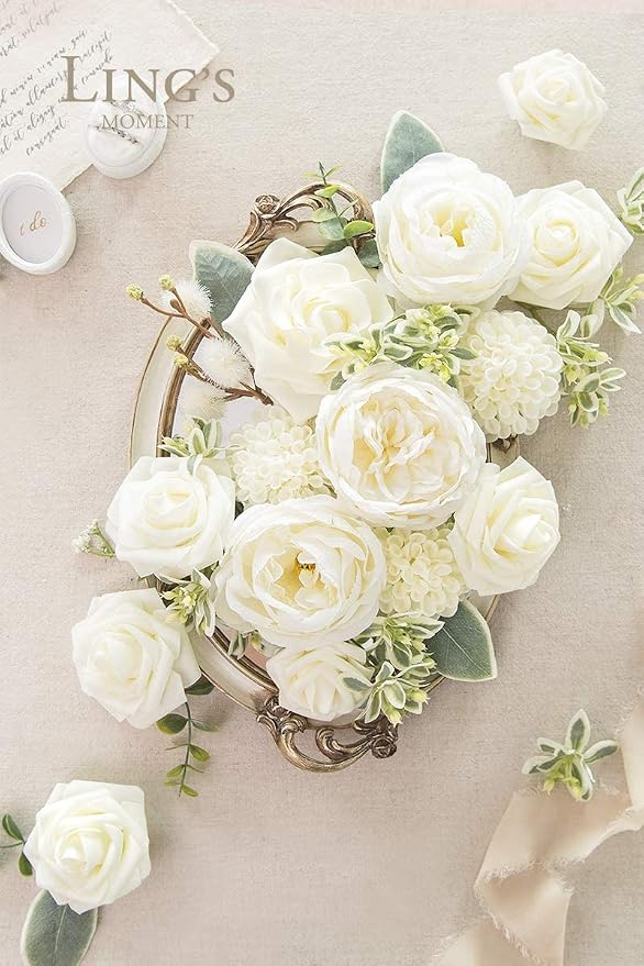 Ling's moment Ivory Dahlia Foam Artificial Flowers Real Touch Faux Fake Flower - Image 7