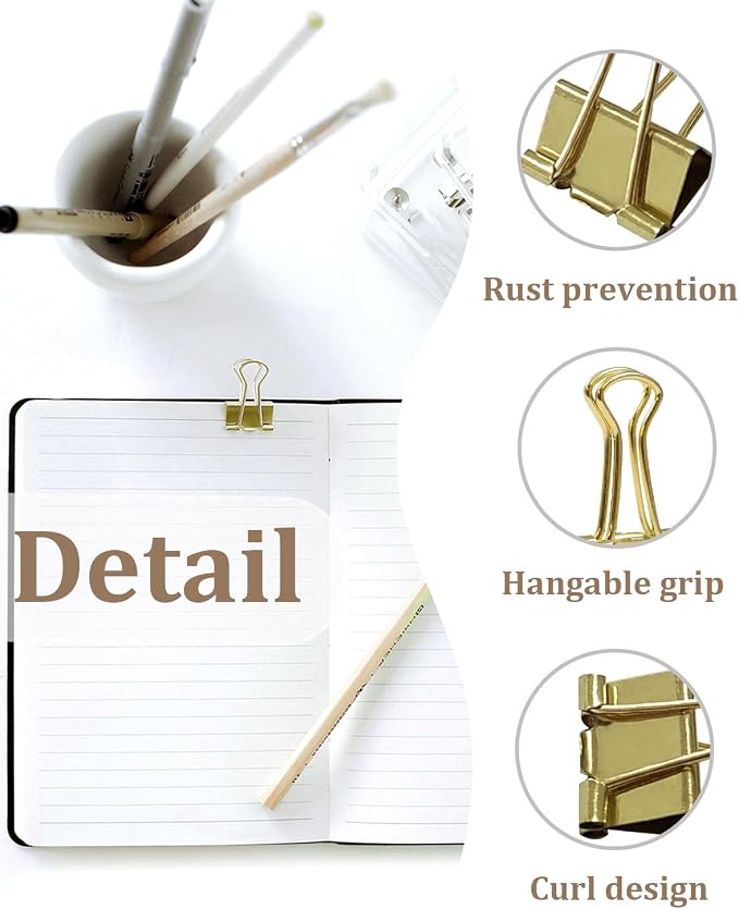 Assorted Binder Clips 0.75/1/1.25in 25-Pack -Gold Tone Clips - Image 2