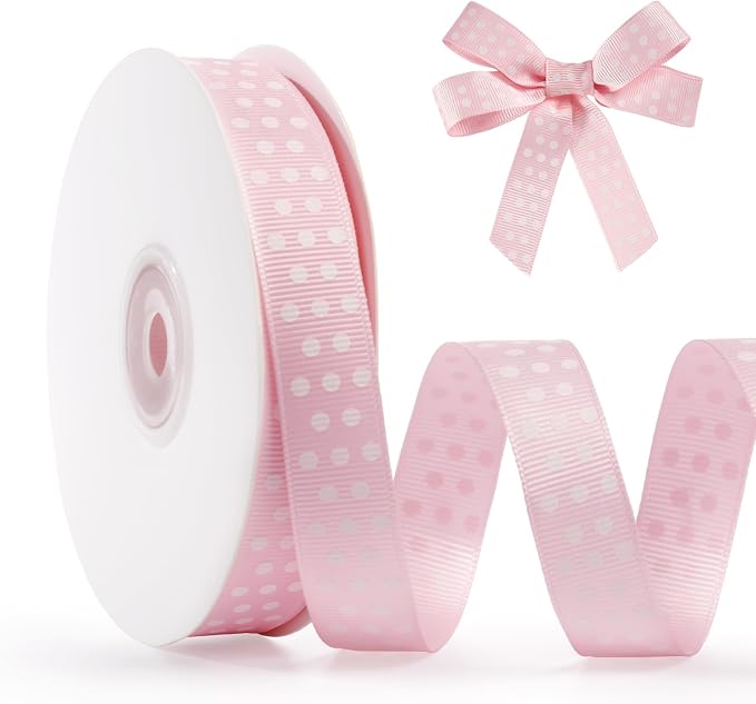 Polka Dot Grosgrain Ribbon 5/8 Inch, 25 Yards Spool Pink and White Dot Craft by FAKILO