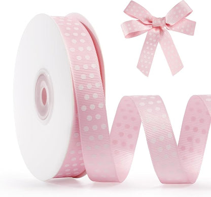 Polka Dot Grosgrain Ribbon 5/8 Inch, 25 Yards Spool Pink and White Dot Craft by FAKILO