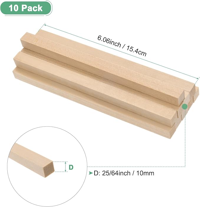 10-Pack Wood Square Dowel Rods, 25/64 x 6 Inch Unfinished Wooden Square Dowel - Image 3
