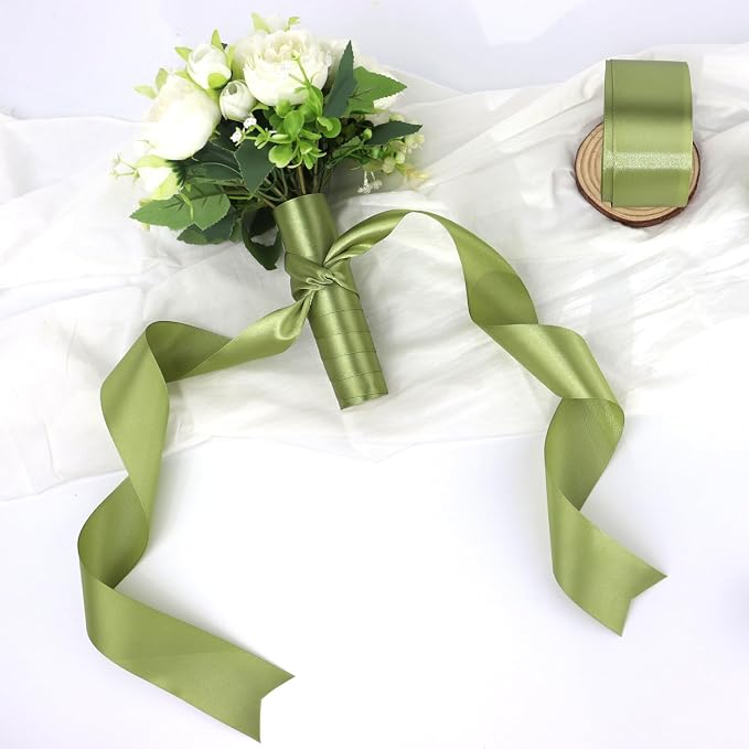 Olive Green Solid Satin Ribbon 2 Inch 25 Yards Solid Polyester Fabric Ribbon - Image 4