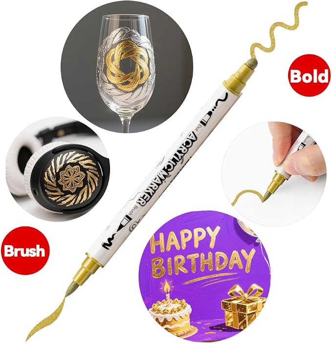 TRANSON 3 Gold, 3 Silver, 1 Black and 1 White Paint Markers Brush and Bold - Image 3
