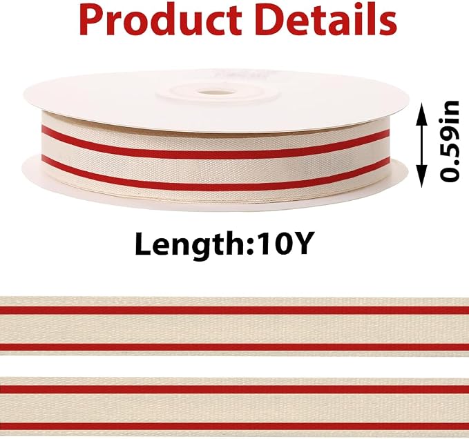 10 Yards × 3/5 Inch Red Natural Cotton Ribbon, Double Sided Webbing Straps - Image 2