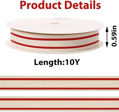 10 Yards × 3/5 Inch Red Natural Cotton Ribbon, Double Sided Webbing Straps - Image 2