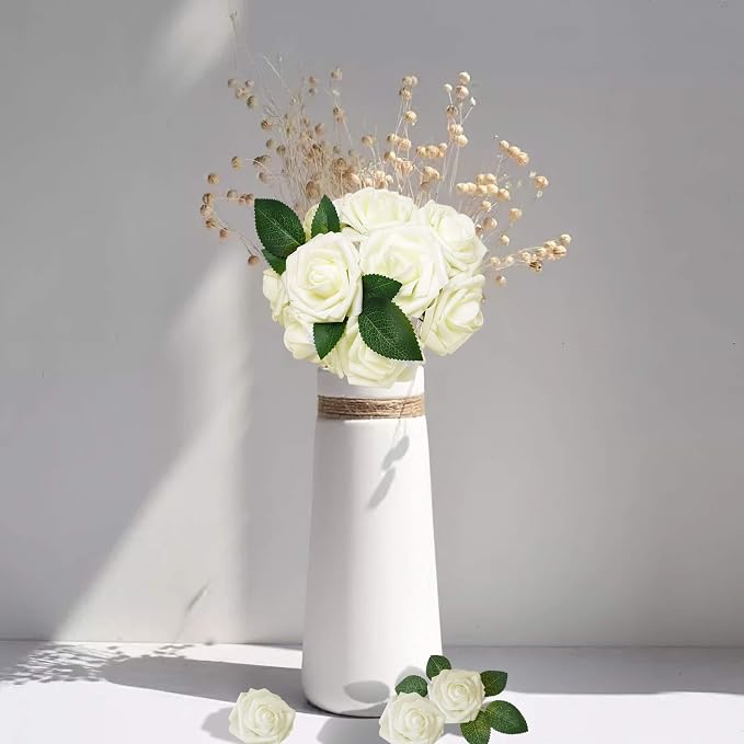 AmyHomie Artificial Flower Ivory Rose 25pcs Real Looking Fake Roses w/Stem - Image 4
