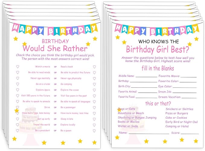 Birthday Party Games Set for Girls- 20 Birthday Double Sided Games Cards Set- by ALodr