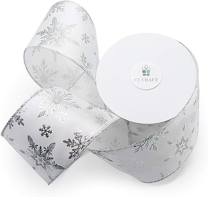 CT CRAFT LLC Satin with Silver Snowflake Wired Ribbon 2.5 Inch x 10 Yards - Image 2