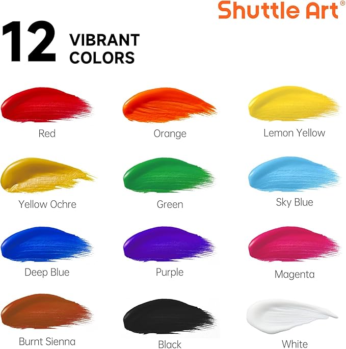 Shuttle Art Acrylic Paint, 12 Colors Acrylic Paint Large Bottle Set, 473ml/16oz - Image 2