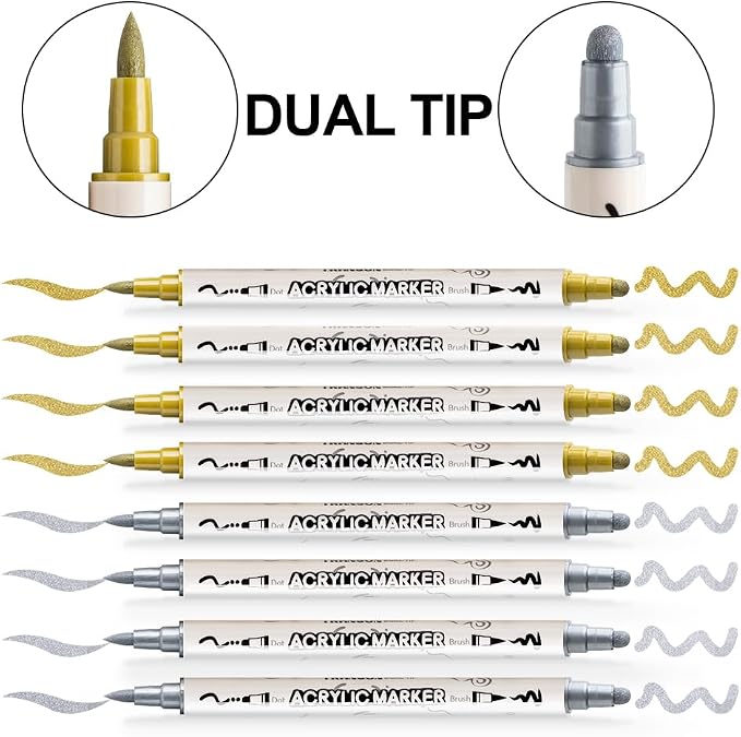 TRANSON 4 Silver and 4 Gold Paint Markers Brush and Bold Dual-tip Acrylic Paint - Image 4