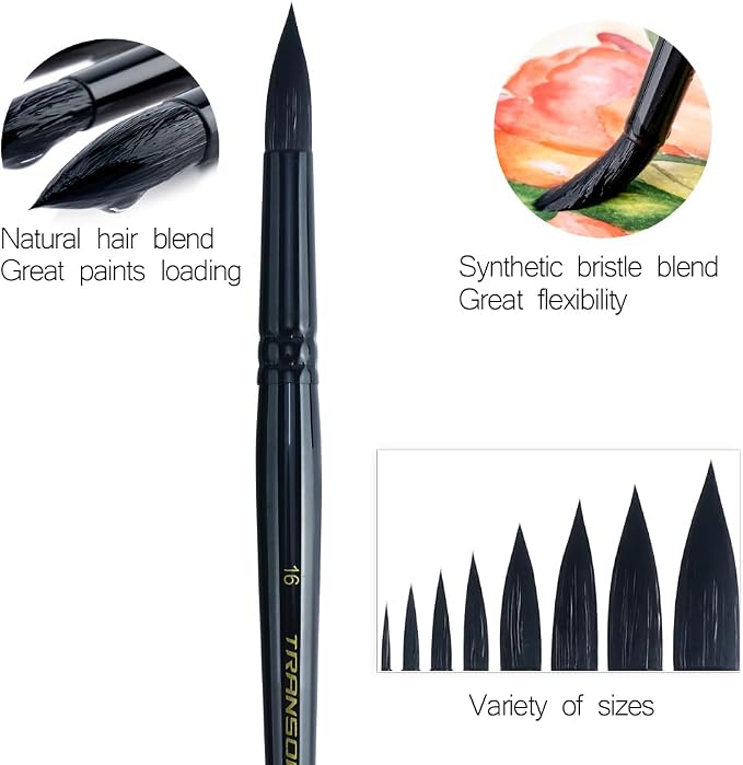 Transon 8pcs Round Watercolor Paint Brush Set Goat Hair - Image 3