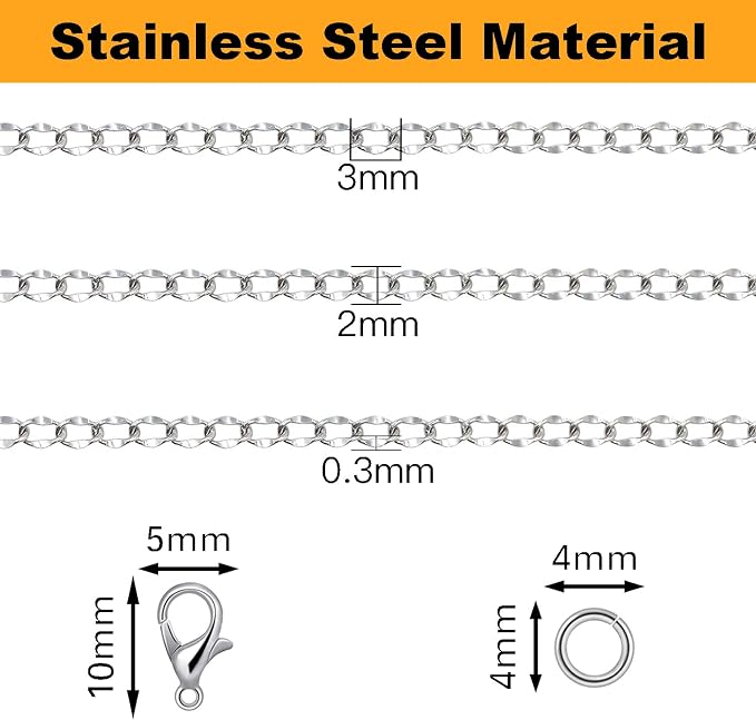 Jishi 33ft Twisted Cable Chain 2mm Silver Stainless Steel Link Chain, Jewelry - Image 3