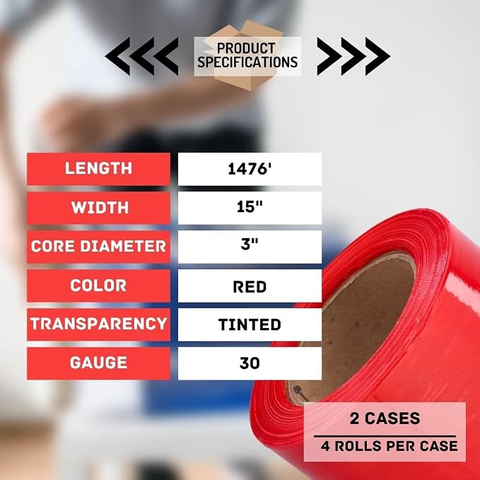 PSBM Red Stretch Wrap, 15 Inch x 1476 Feet, 8 Pack, Tinted Pre-Stretched Shrink - Image 3
