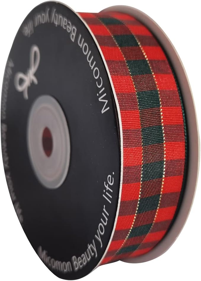 Micomon X'Mas Gingham Ribbon Green Red Metallic Gingham Ribbon 25 Yards Each - Image 2