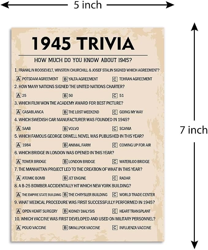80th Birthday Party Games, 1945 Trivia Games, Birthday Party Supplies - Image 2