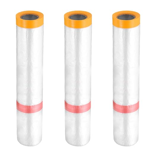 HARFINGTON 3 Rolls Pre-Taped Masking Film 157.5" x32.8ft Double Adhesive Tape by HARFINGTON
