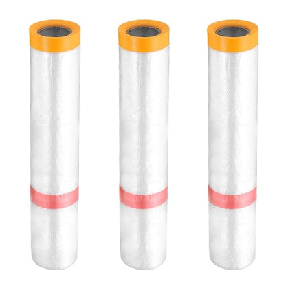 HARFINGTON 3 Rolls Pre-Taped Masking Film 157.5" x32.8ft Double Adhesive Tape by HARFINGTON