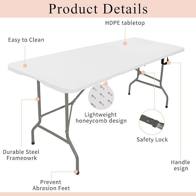 Folding Tables with Carrying Handle Heavy Duty Rectangular Portable Plastic - Image 3