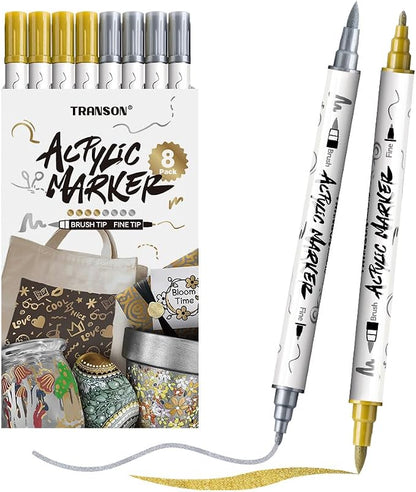 TRANSON 4 Gold and 4 Silver Paint Markers Brush and Fine Dual-tip Acrylic Paint by Transon