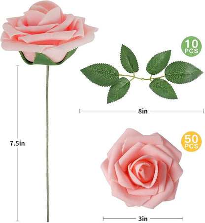 AmyHomie Artificial Flower 50pcs Real Looking Fake Roses w/Stem - Image 2