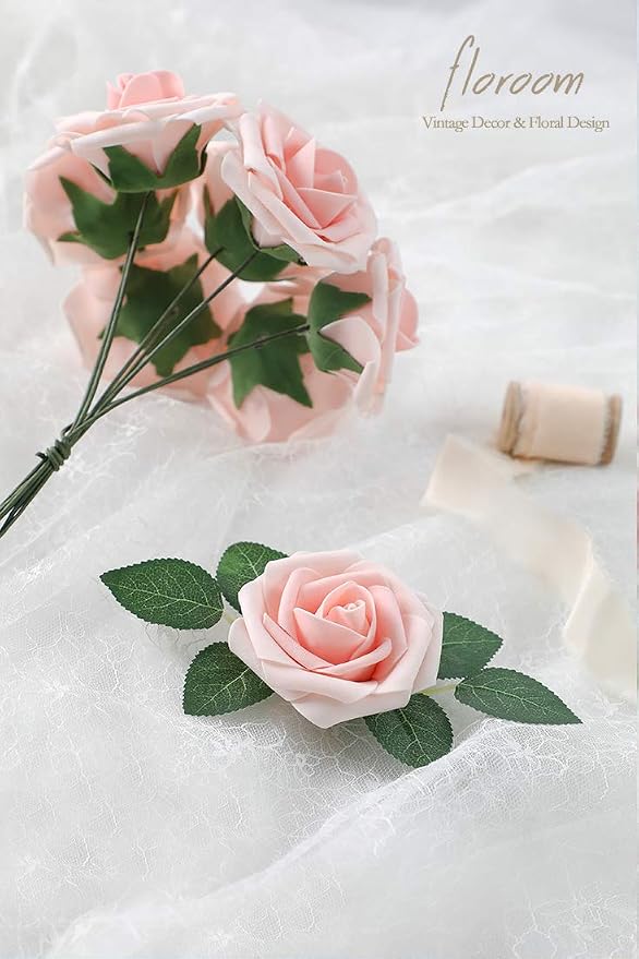 Floroom Artificial Flowers 50pcs Real Looking Blush Heirloom Foam Fake Roses - Image 2