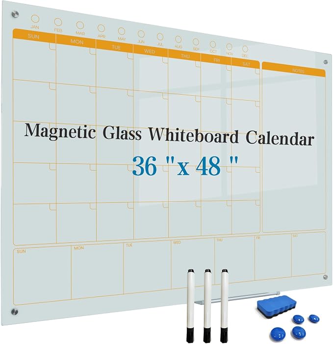 Magnetic Glass Whiteboard Calendar 48"x36" Glass Dry Erase Calender Board by Unknown
