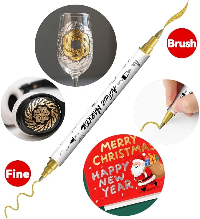 TRANSON 4 Gold and 4 Silver Paint Markers Brush and Fine Dual-tip Acrylic Paint - Image 3