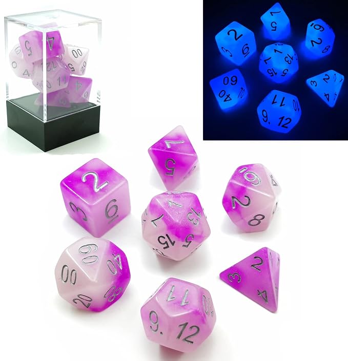 Bescon Two Tone Glowing Polyhedral Dice 7pcs Set Frosty Amethyst, Luminous RPG by BESCON+DICE