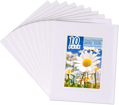 HOTUO 10 Pack Acid Free White Picture Frame Mats, Pre-Cut 11x14 Picture Mats by HOTUO