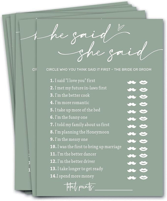 Minimalist Green Wedding Party Supplies: 25 Guest Bridal Shower Games by Wybgno