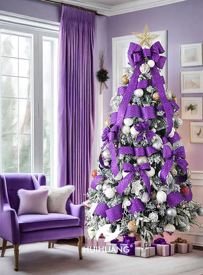 HUIHUANG Purple Wired Ribbon for Christmas Tree 2.5 inch Purple Glitter Diamond - Image 6