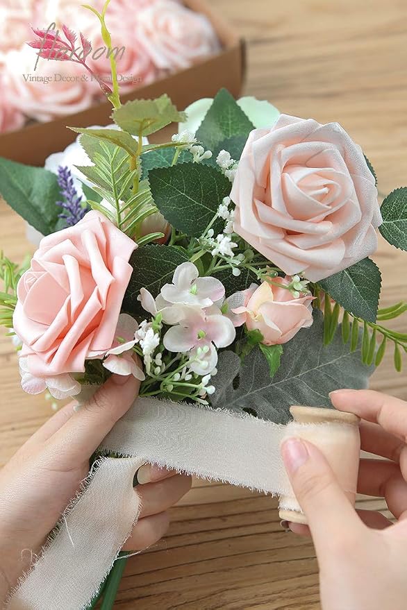 Floroom Artificial Flowers 25pcs Real Looking Shimmer Blush and Peach Foam Fake - Image 2