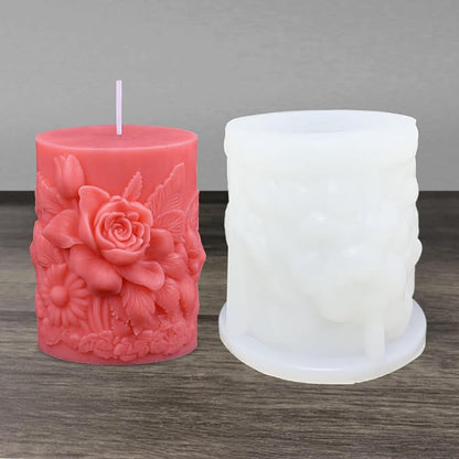Flower Cylinder Candle Mold Floral Leaf Pillar Thick Silicone Mold by PRETTYLIFE