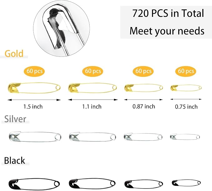 720 Pcs 3 Colors Safety Pins 4 Sizes Strong Safety Pins - Image 3