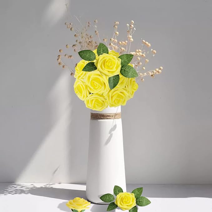 AmyHomie Artificial Flower Yellow Rose 25pcs Real Looking Fake Roses w/Stem - Image 4