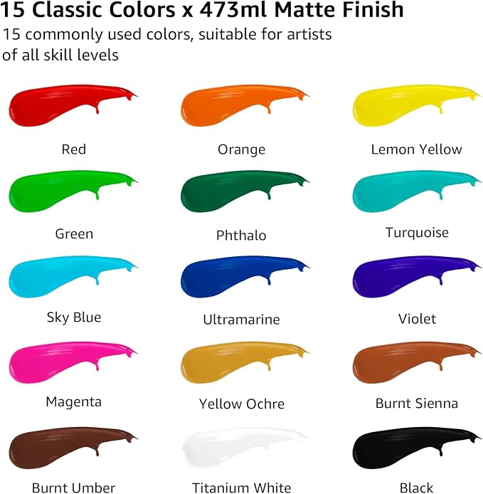 ABEIER Large Bulk Acrylic Paint Set, 15 Colors, Matte Finish, Rich Pigments - Image 2