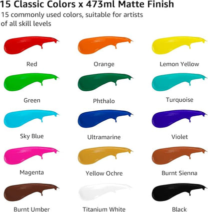 ABEIER Large Bulk Acrylic Paint Set, 15 Colors, Matte Finish, Rich Pigments - Image 2