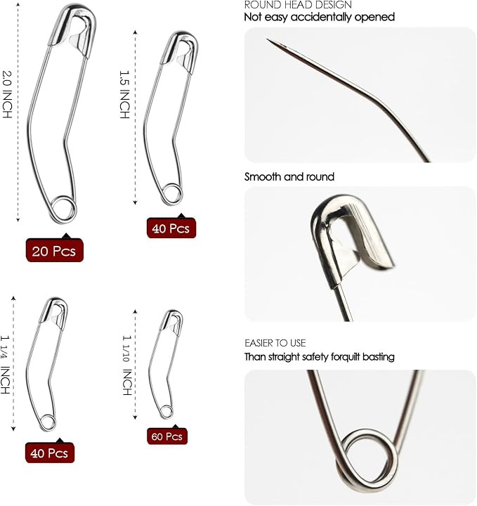 160 Pack Curved Safety Pins for Quilting Basting Pins 28mm 32mm 38mm 54mm - Image 2