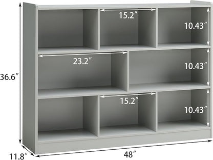 3-Tier Bookshelf, 8-Section Wooden Bookcase, Storage Organizer - Image 3