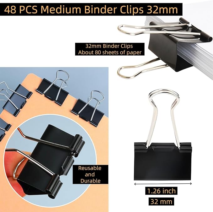 48 PCS Medium Binder Clips, 1-1/4 inch 32mm Binder Clips, Paper Clamps Medium - Image 2