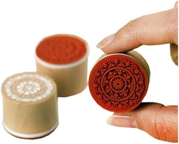 DECORA 6 Pieces Floral Pattern Round Wooden Rubber Stamp - Image 5